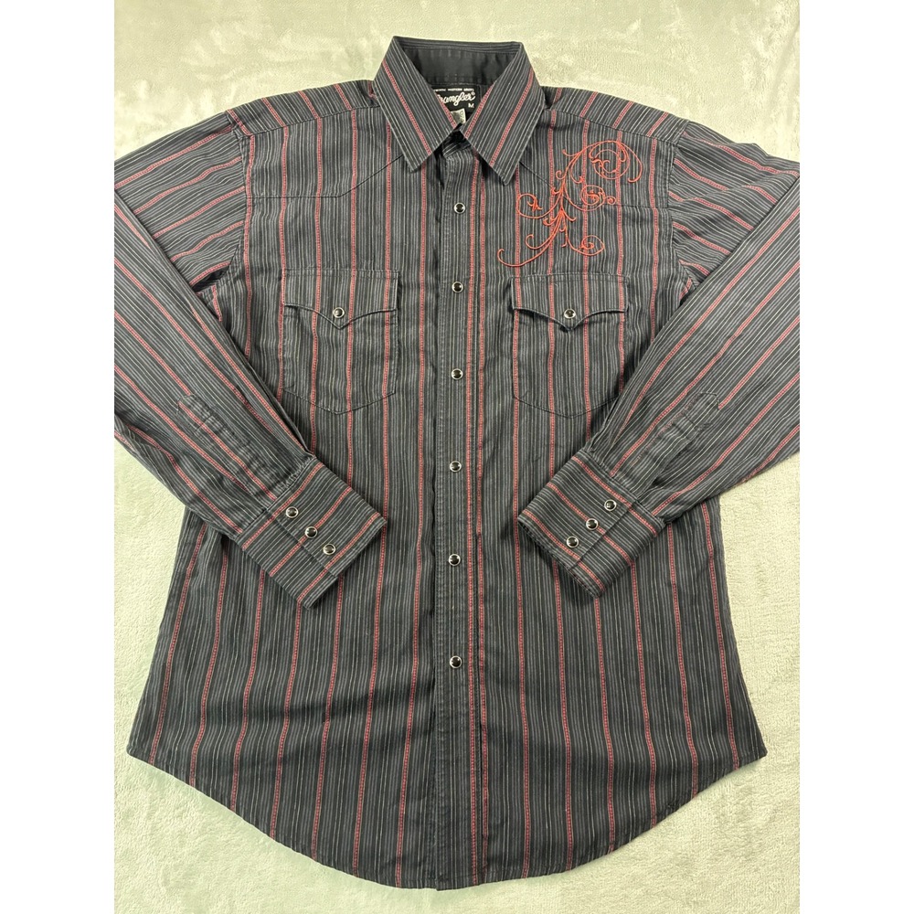 Wrangler Mens Western Shirt Medium Black Red Striped Embroidered Snaps 75018BK